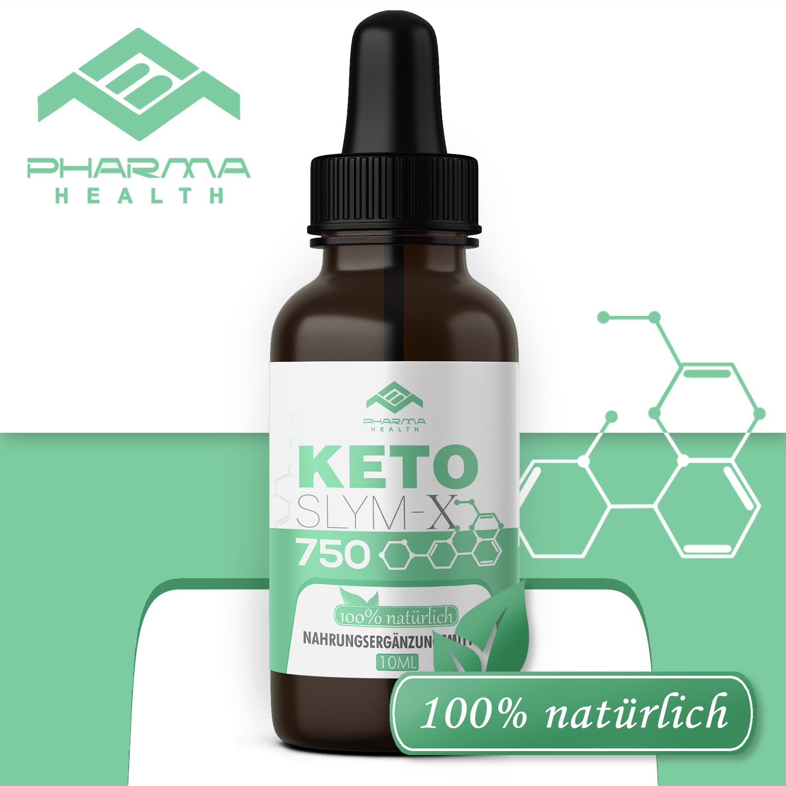 Braune Glasflasche mit schwarzem Tropfer. Auf dem Etikett steht Keto Slym-X 750, 100% natürlich, 10 ml. Pharma Health Logo.