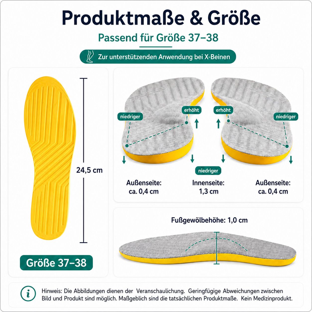 Größenangabe 37-38, Einlegesohle 24,5 cm. Keilform mit erhöhter Innenseite.