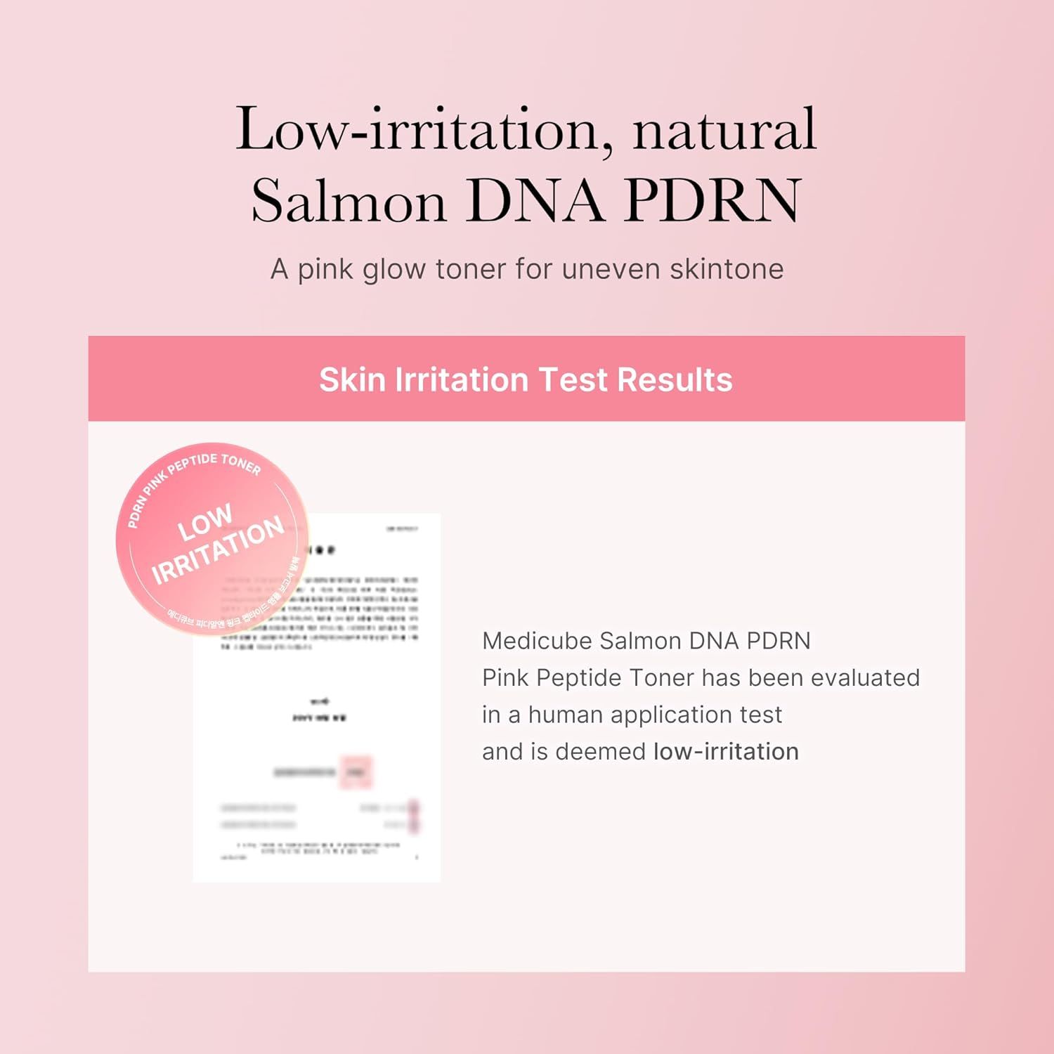 Zertifizierungsdokument. Text: Medicube Salmon DNA PDRN Pink Peptide Toner wurde auf Irritationen getestet.