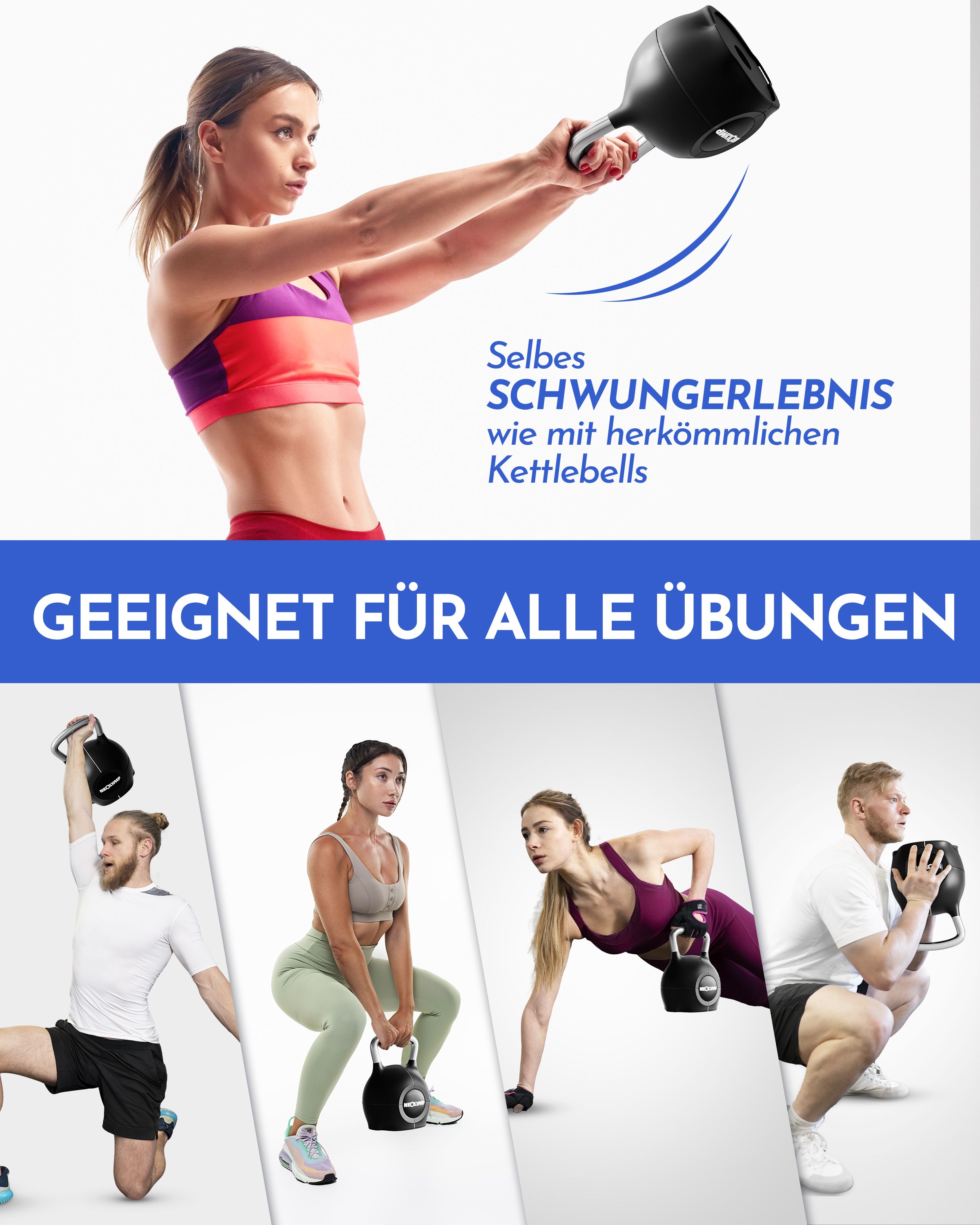 Frau trainiert mit Kettlebell. Geeignet für alle Übungen. Vier weitere Personen trainieren mit Kettlebells. Marke NEOLYMP sichtbar.