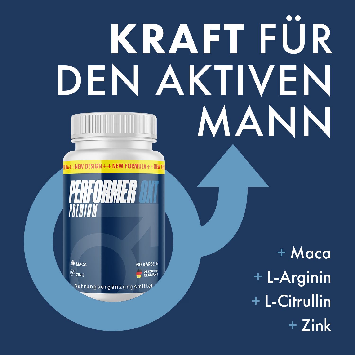 Flasche Performer 8XT Premium. Text: Kraft für den aktiven Mann. Enthält Maca, L-Arginin, L-Citrullin und Zink.