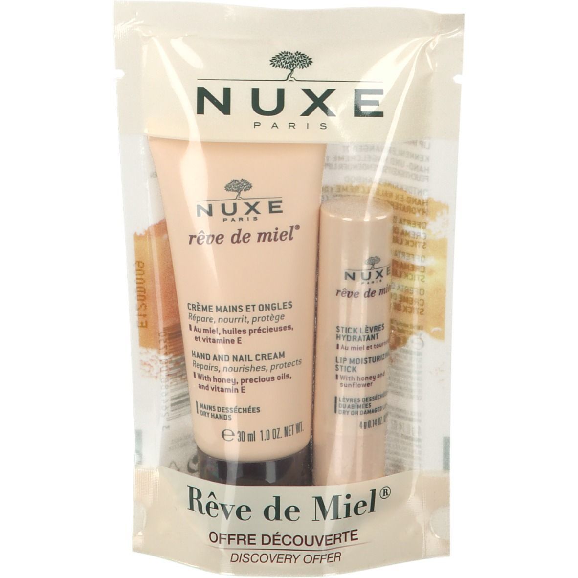 Geschenkset mit Handcreme und Lippenbalsam. Beide Produkte in einer transparenten Verpackung.