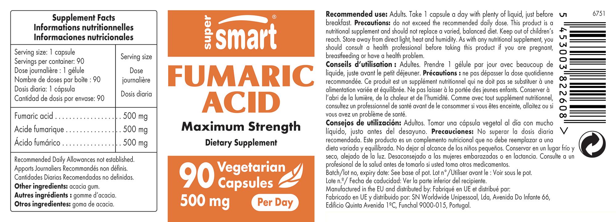 Etikett mit Informationen. "Fumarsäure" und "SuperSmart" Schriftzug. 90 Kapseln, 500 mg pro Tag. Vegetarisch.