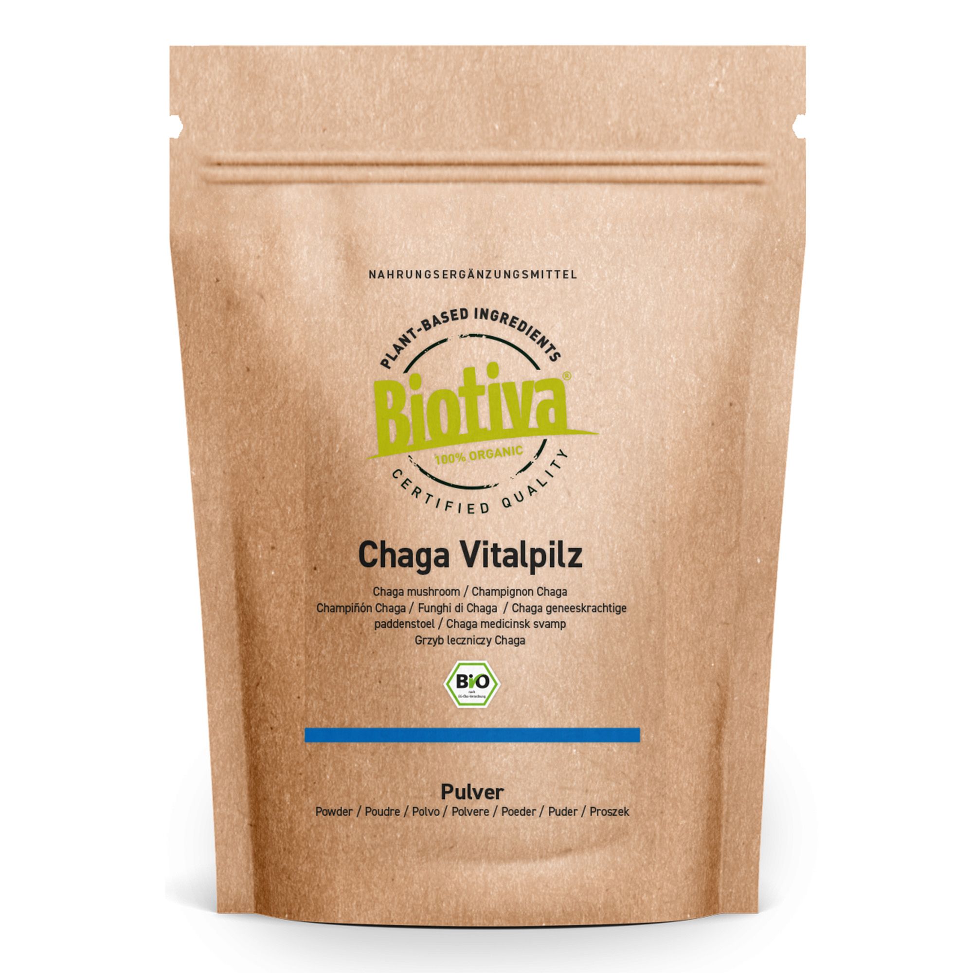 Braune Papiertüte mit Biotiva-Logo und Aufschrift 'Chaga Vitalpilz'. Enthält Pulver. Bio-Zertifizierung.