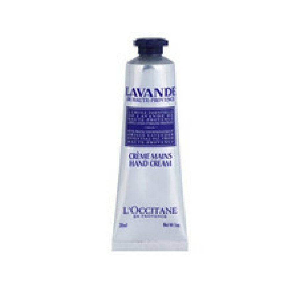 Silberne Tube mit schwarzem Deckel. Aufschrift: Lavande, Crème Mains Hand Cream, L'Occitane. 30ml.