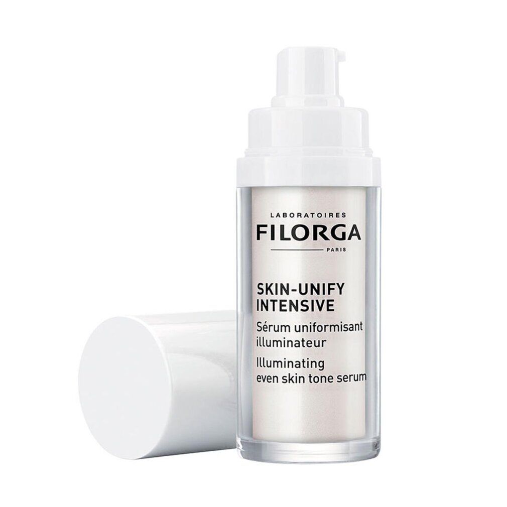 Filorga Skin-Unify Intensive Serum. Weiße Flasche mit weißem Deckel. Text: Skin-Unify Intensive, Serum uniformisant illuminateur.
