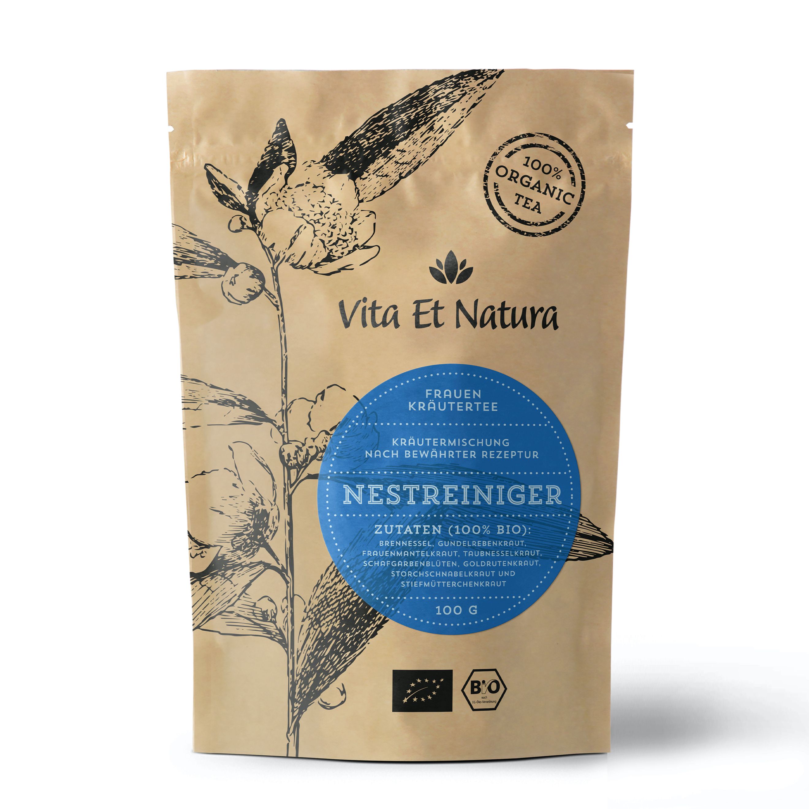 Beutel mit Nestreiniger® Tee. Aufdrucke: Vita Et Natura, 100% Organic Tea, Zutaten (100% BIO), Bio-Siegel.