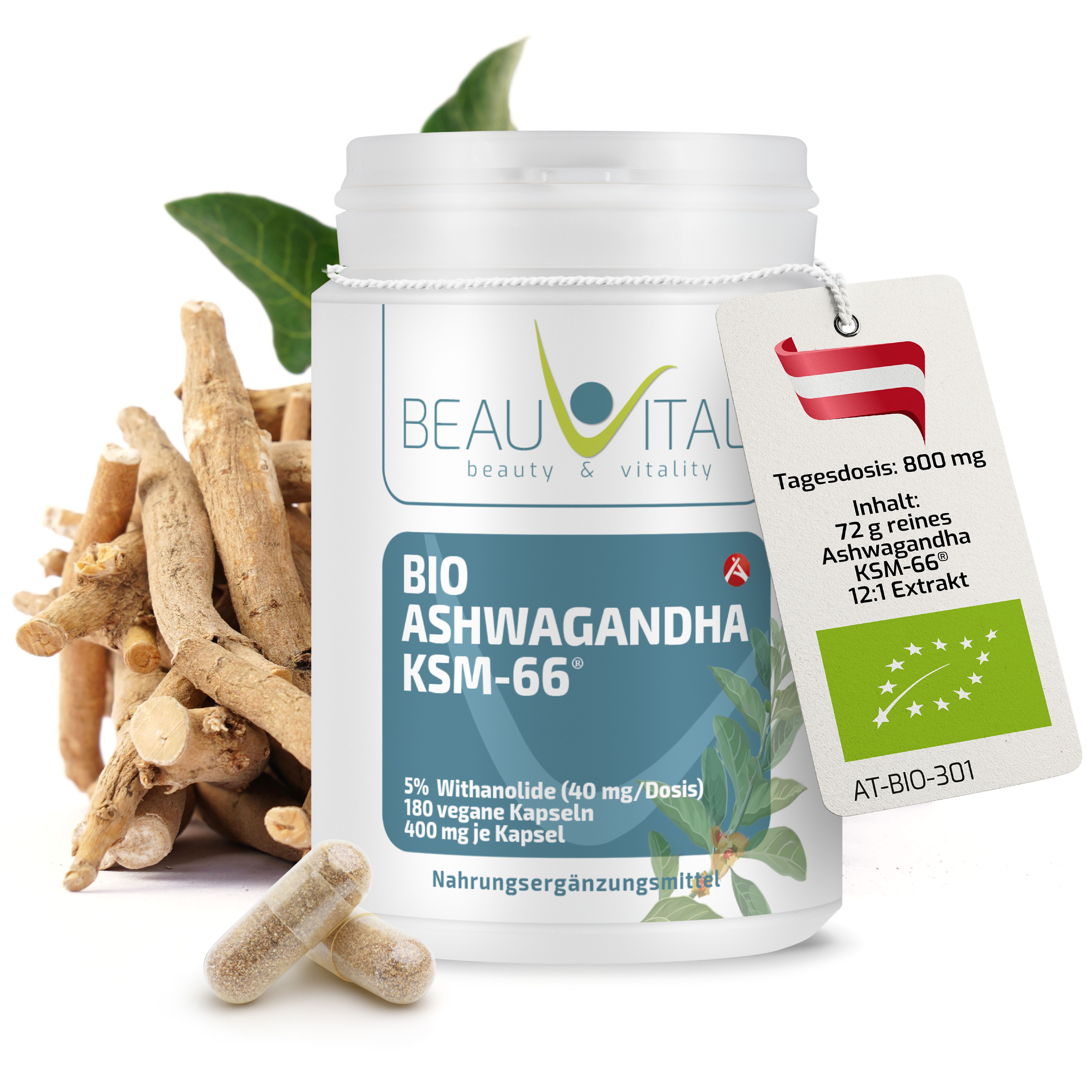 BEAUVITAL® Bio-Ashwagandha KSM-66® hochdosiert 12:1 Premiumextrakt 5% Withanolide