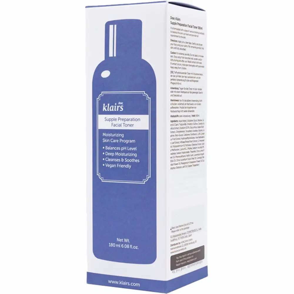 Klairs Supple Preparation Facial Toner. Weiße Verpackung mit blauem Produktumriss. Text: 'Moisturizing Skin Care Program'.