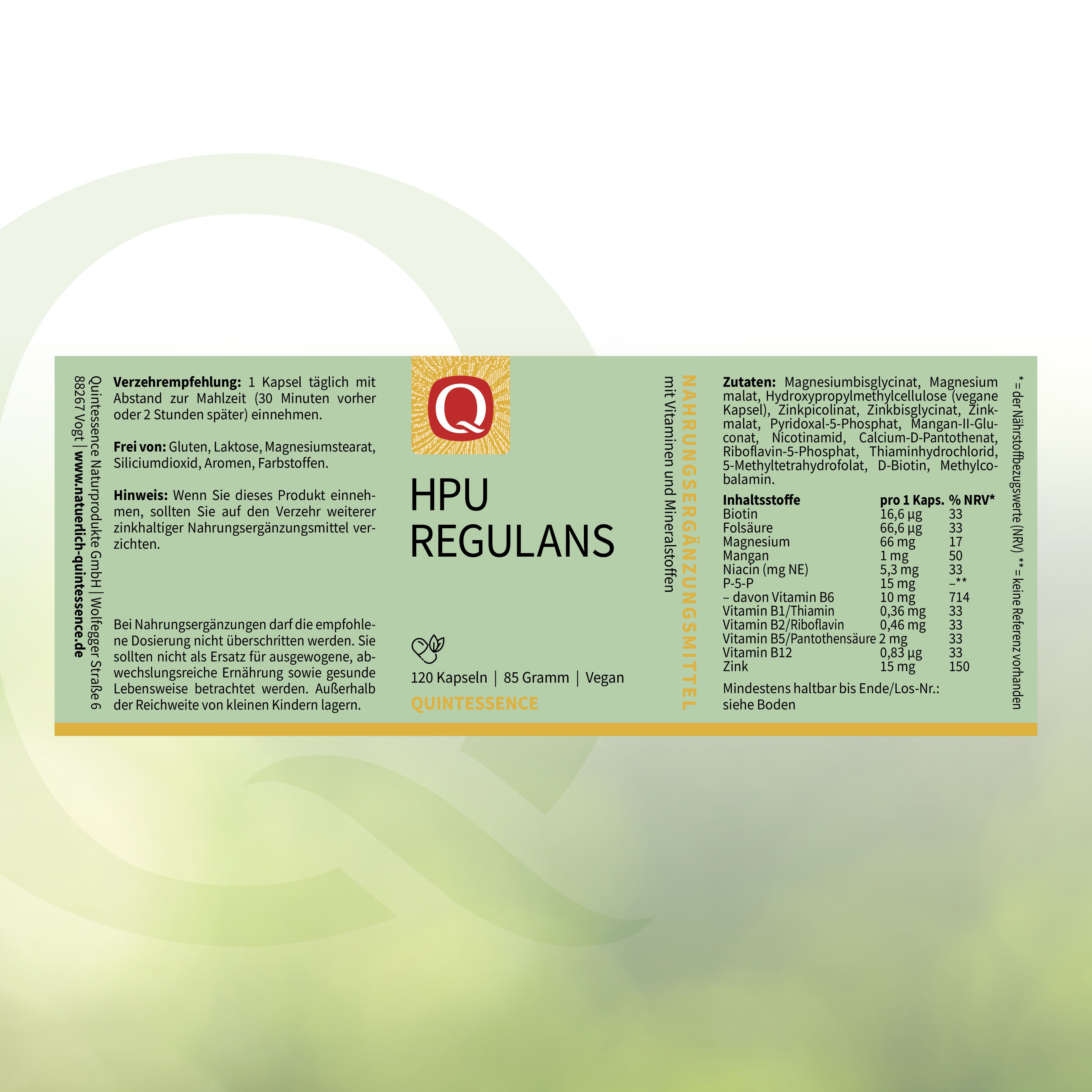 Etikett mit Inhaltsstoffen und Nährwertangaben. Aufschrift: HPU Regulans, 120 Kapseln, Vegan. Logo: Q Quintessence.