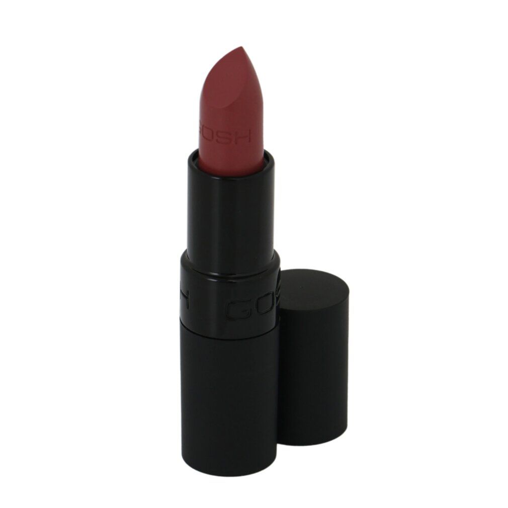 Lippenstift, dunkle Farbe, schwarze Hülse. Deckel daneben. Marke GOSH sichtbar.