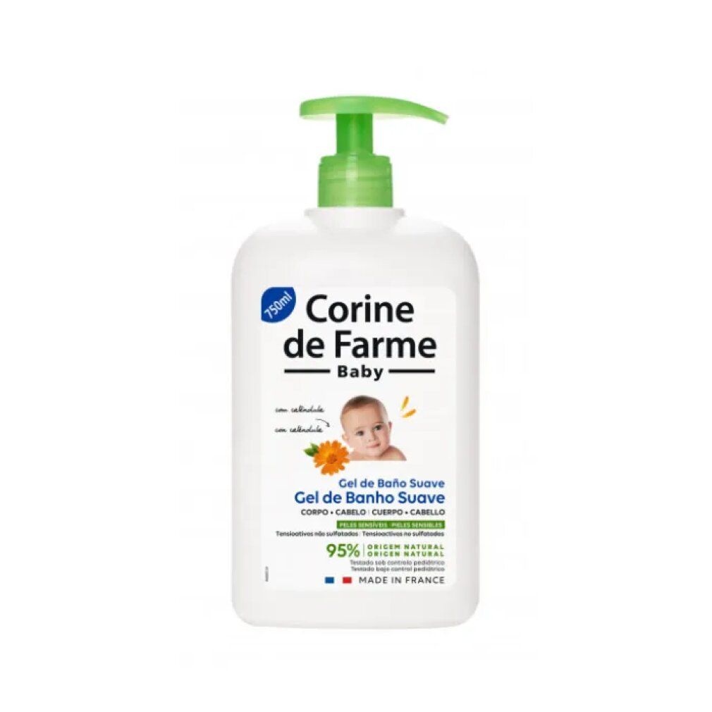 Weißer Spender mit grünem Pumpkopf. Aufschrift: Corine de Farme Baby. Produktname und Baby-Illustration. 95% natürlichen Ursprungs.