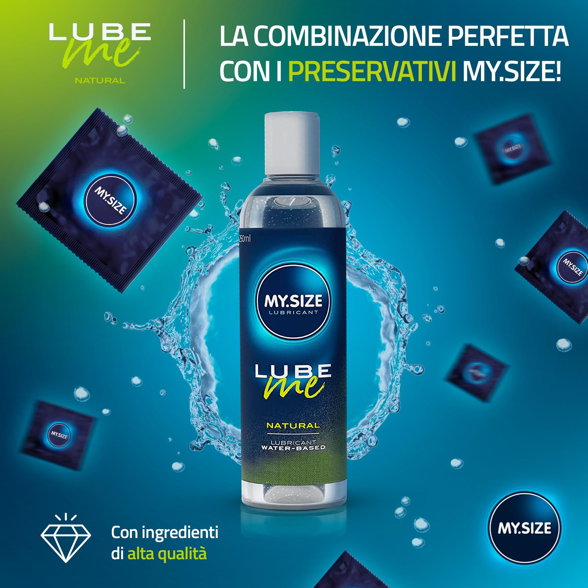 MY.SIZE Lube Me Natural Gleitgel Flasche mit Kondomen.