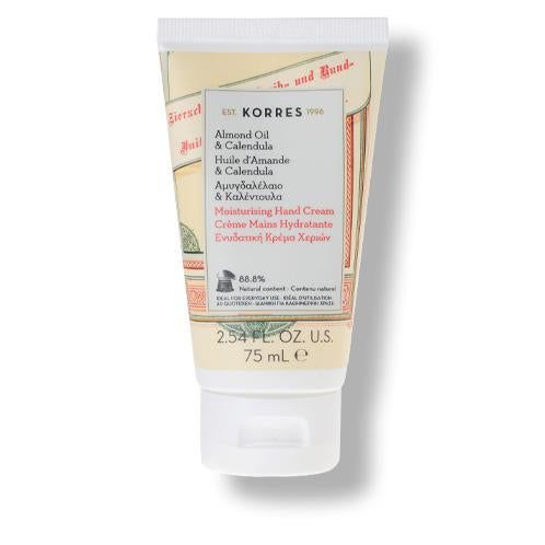 KORRES Handcreme. Tube mit Aufschrift „Almond Oil & Calendula“. Enthält 75 ml. 88,8% natürlichen Inhalts.