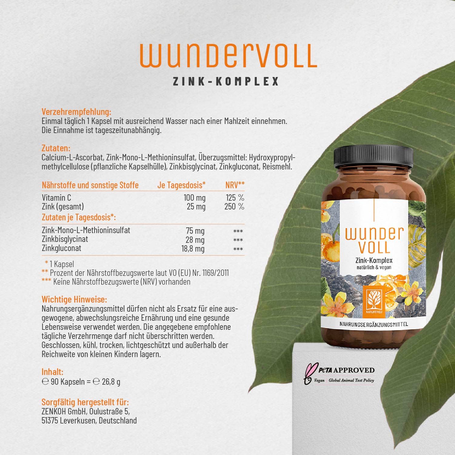 Zink Kapseln hochdosiert - Komplex aus drei Zinkformen - WUNDERVOLL - NATURTREU®