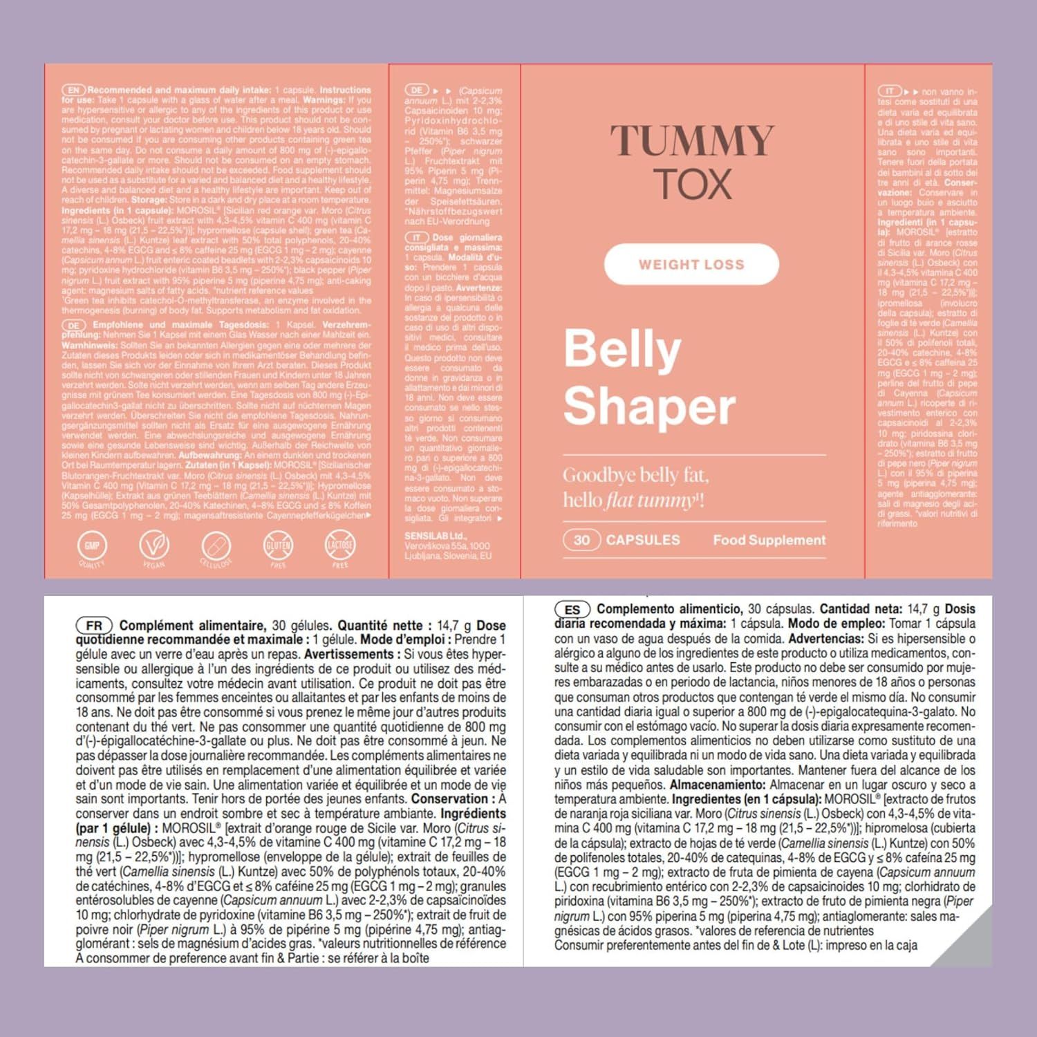 Geöffnete 'TummyTox Belly Shaper' Verpackung. Text: 30 Kapseln, Food Supplement. Inhaltsstoffe und Anwendungshinweise.