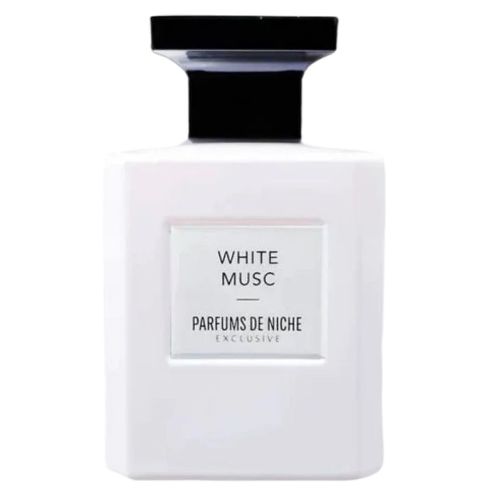 Weißer Flakon mit schwarzem Verschluss. Aufschrift: White Musc, Parfums de Niche.