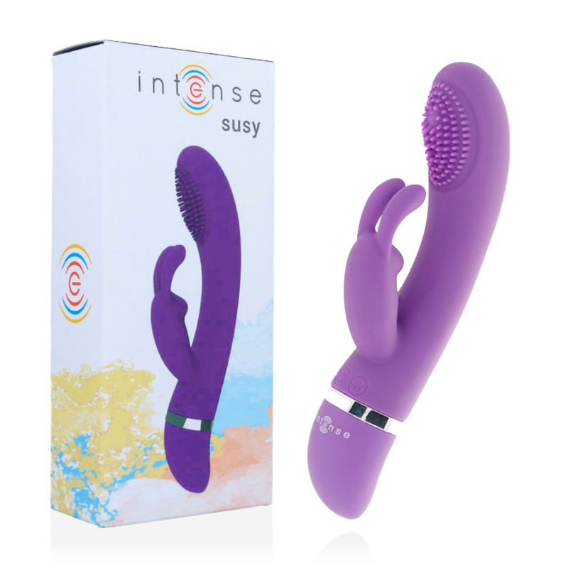 Vibrator und Verpackung. Lila Vibrator, Verpackung mit 'intense susy'.