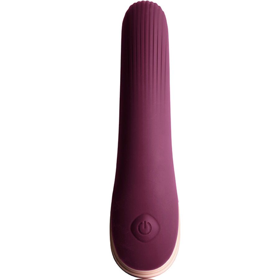 Lila Vibrator, geriffelte Oberfläche, Power-Taste. Unterteil goldfarben.