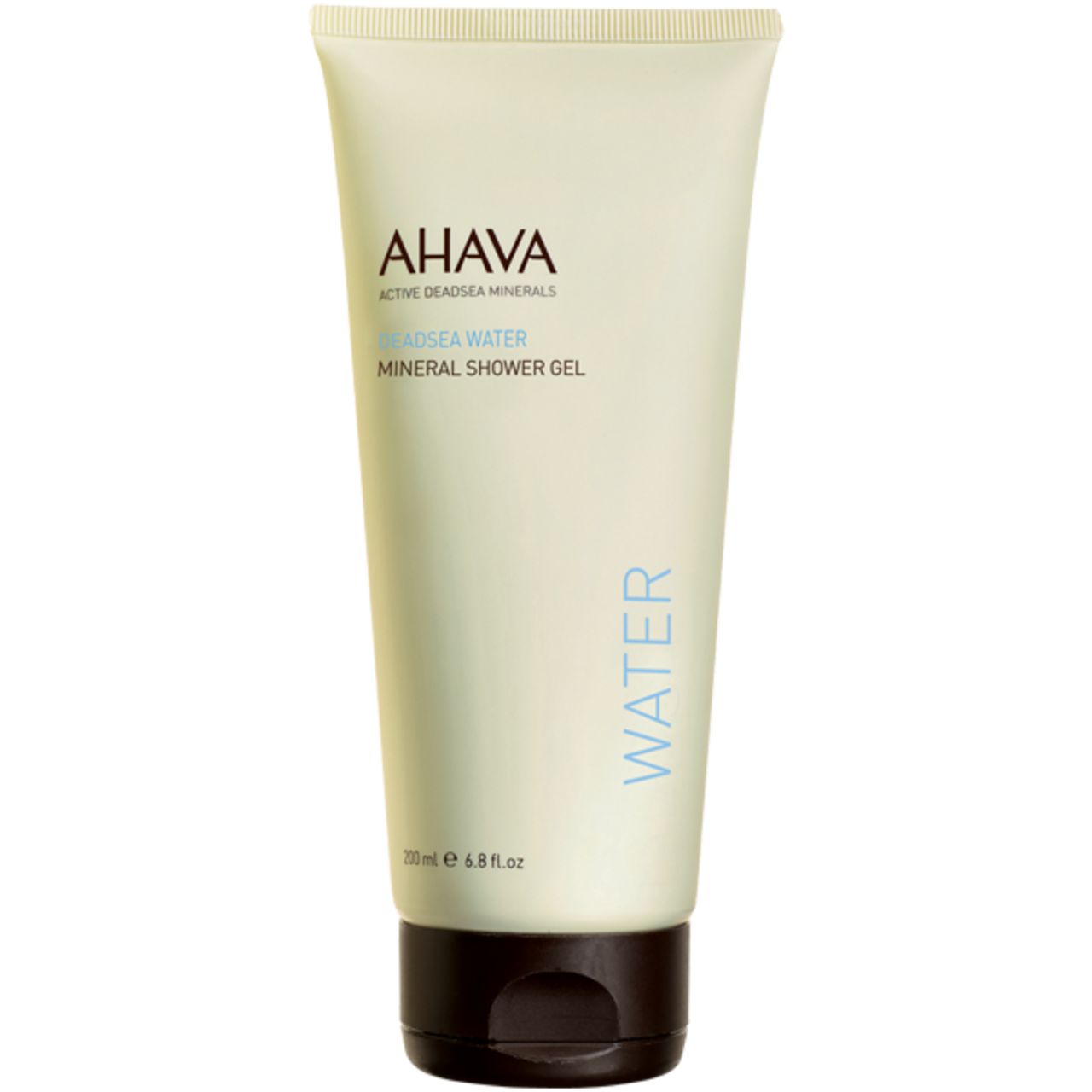 AHAVA Mineral Shower Gel Tube. Hellbeige, brauner Deckel. Schriftzug: AHAVA, Deadsea Water, Mineral Shower Gel. 200 ml.