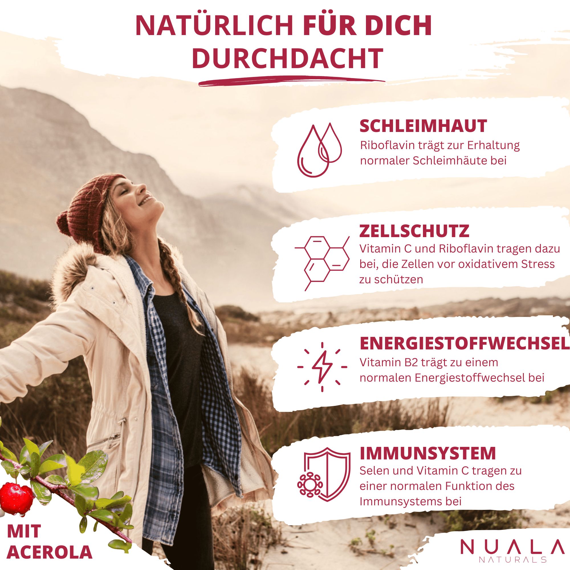 Naturprodukt Lungenzauber: Mit Acerola. Für Schleimhaut, Zellschutz, Energiestoffwechsel und Immunsystem.