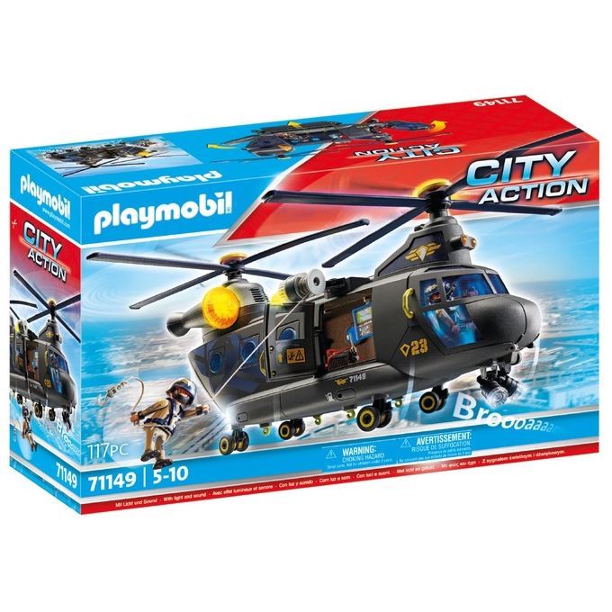 Set di gioco Playmobil City Action 71149. La confezione mostra un elicottero nero con dettagli gialli e un piccolo set di personaggi. Sulla confezione sono visibili il logo Playmobil, il nome del prodotto e l'età consigliata 5-10 anni.