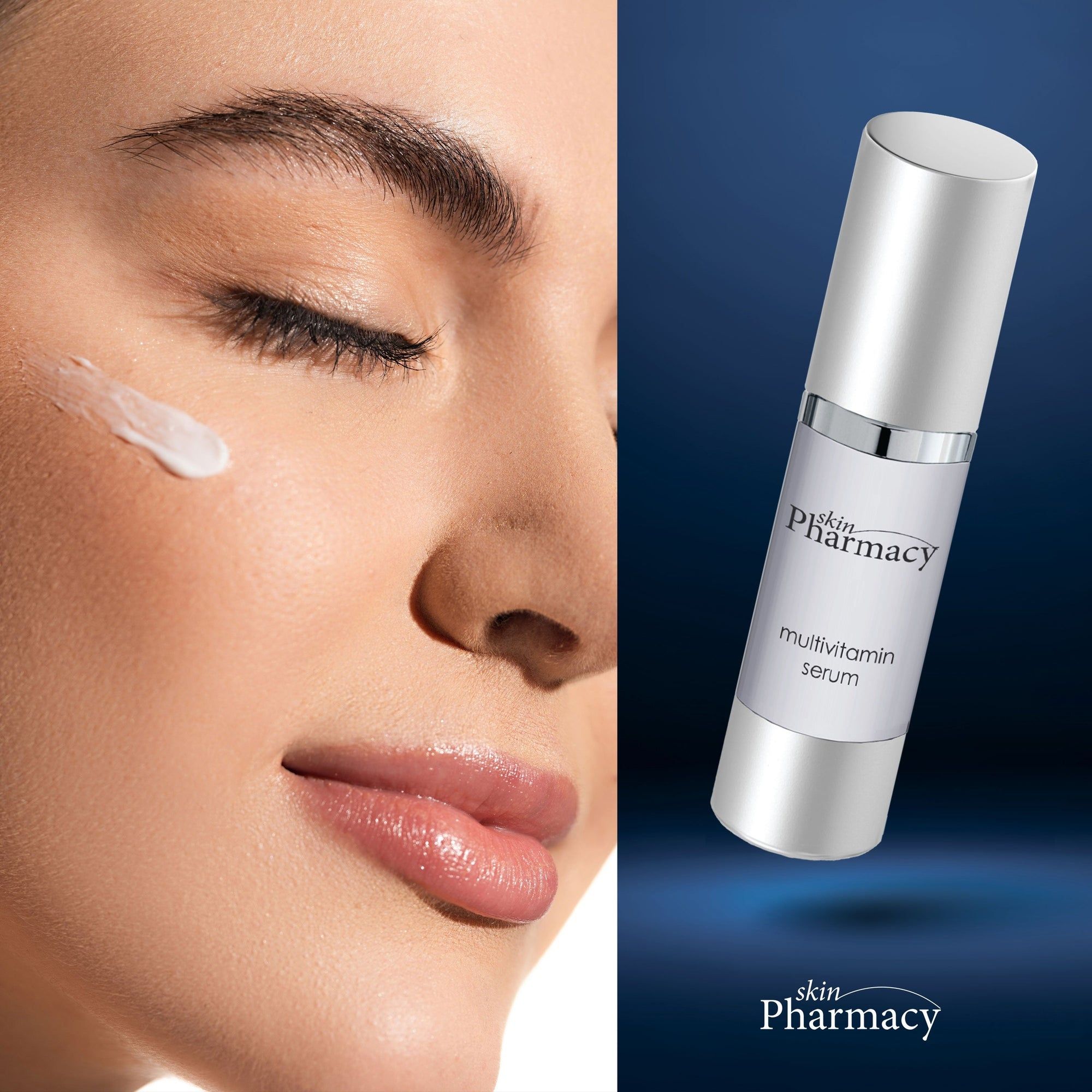 Gesicht einer Frau mit Serum auf der Haut. Daneben eine Flasche mit "skin Pharmacy" und "multivitamin serum".