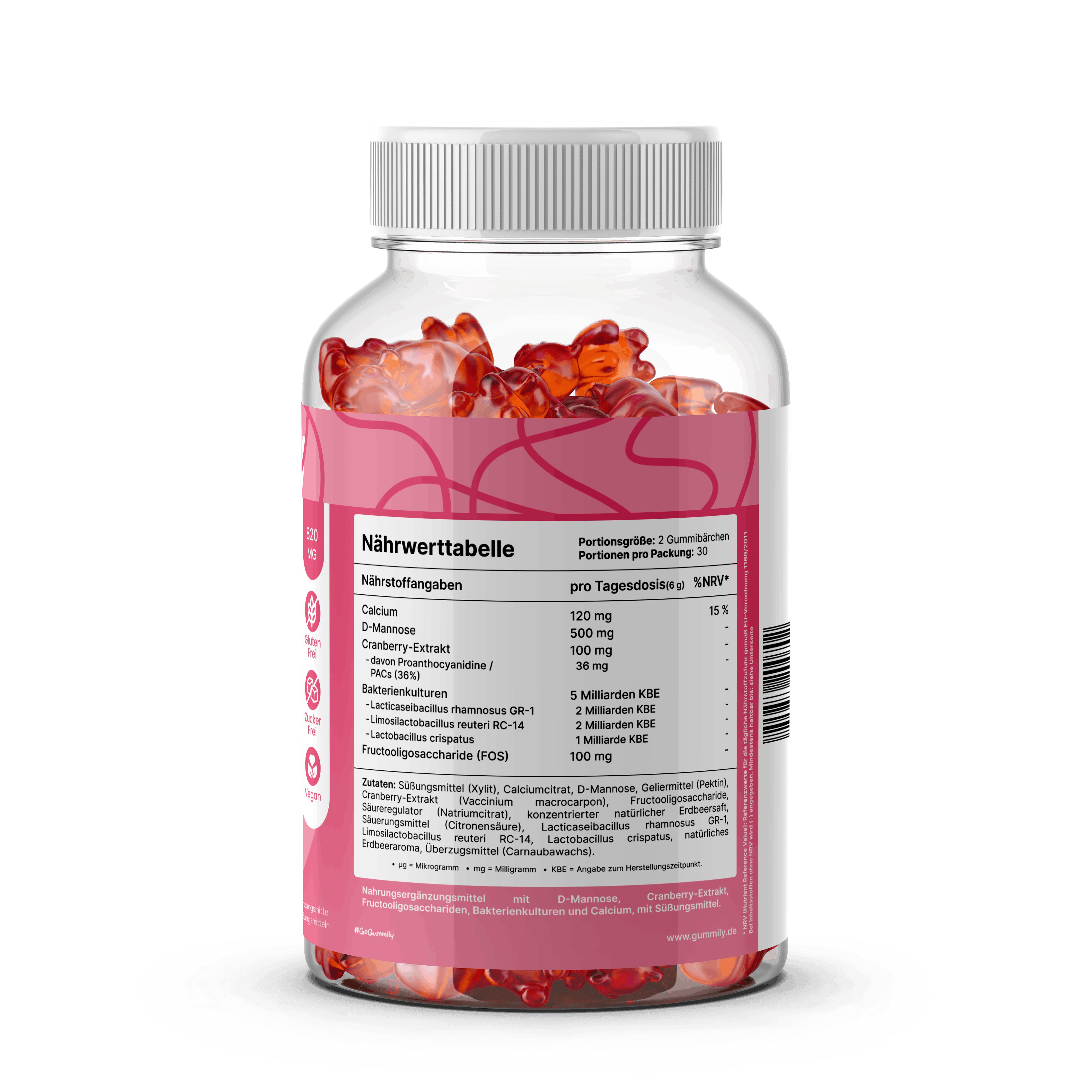 Rückseite Gummily Flasche: Nährwertangaben, Inhaltsstoffe, Cranberry, D-Mannose.