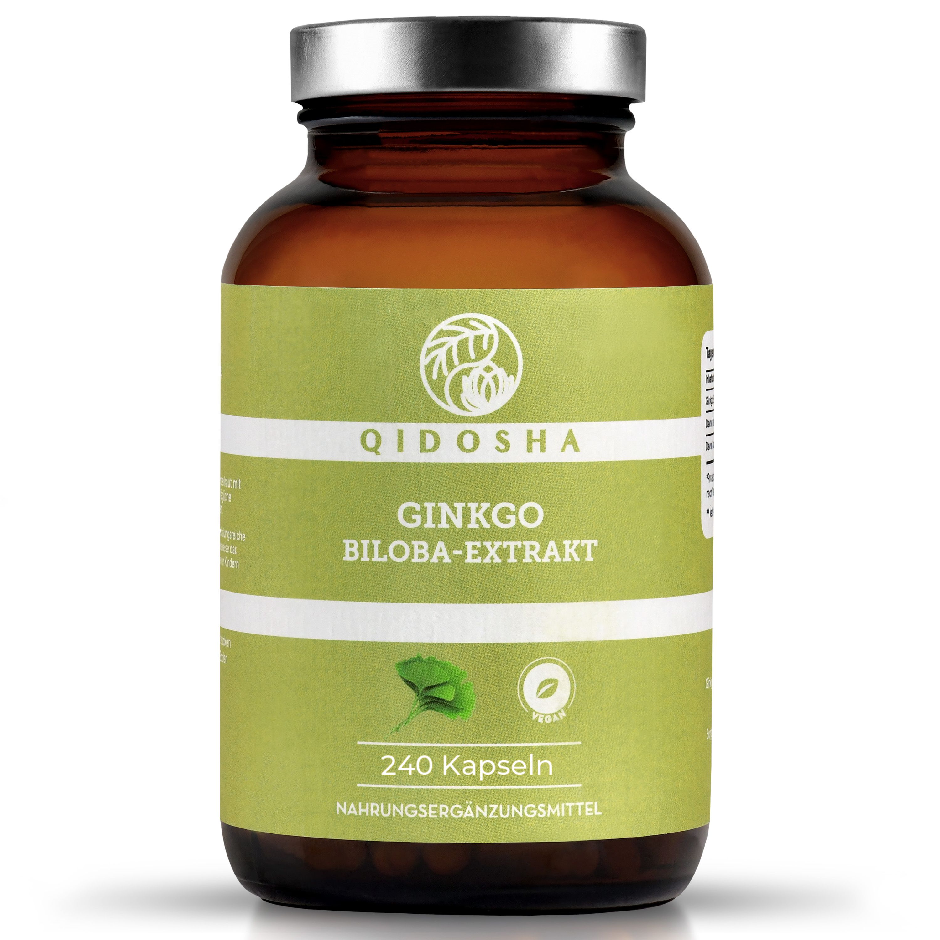 Braune Glasflasche mit grünem Etikett. Aufschrift: QIDOSHA GINKGO BILOBA-EXTRAKT, 240 Kapseln. Vegan-Siegel.
