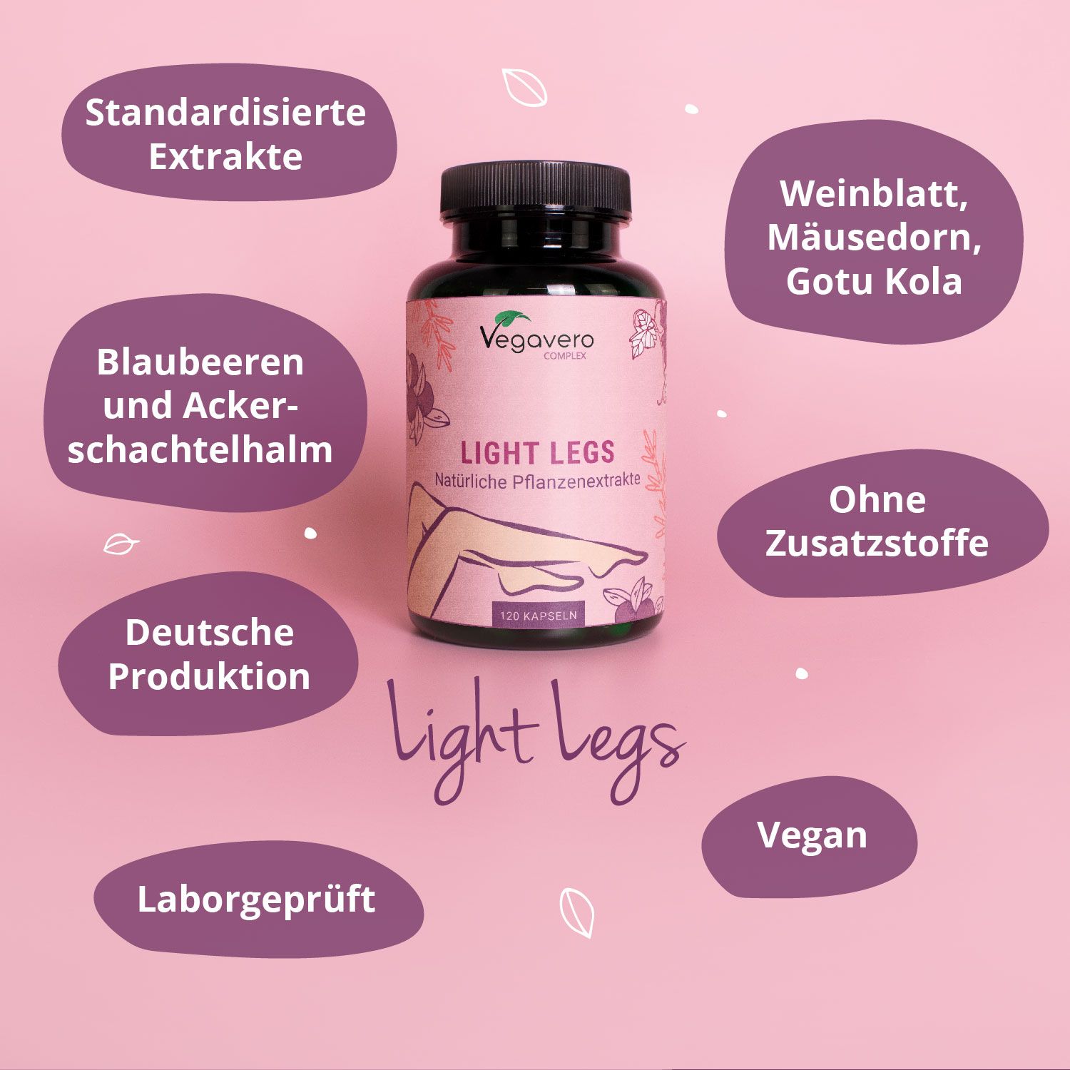 Braune Flasche mit Kapseln, umgeben von Infografiken. Aufschrift: LIGHT LEGS, 120 Kapseln. Marke: Vegavaro.