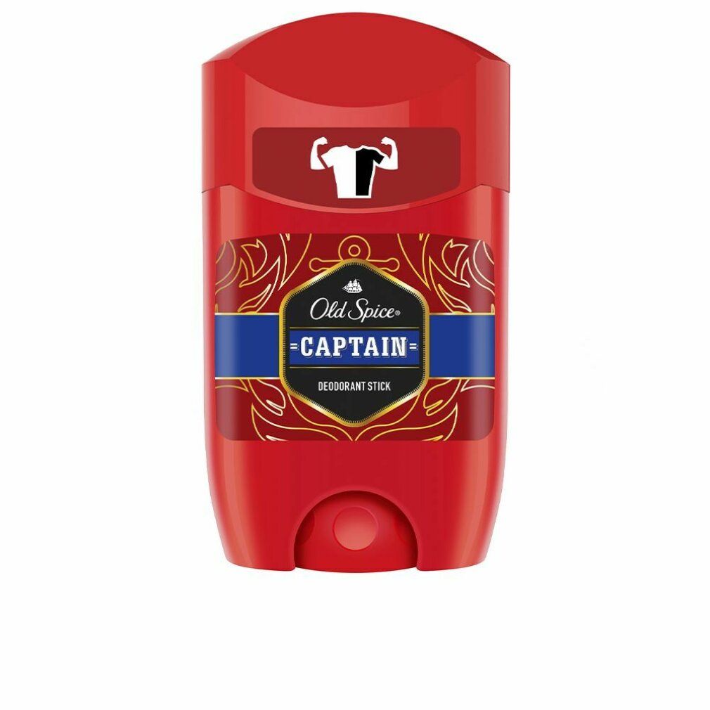 Roter Deostift. Oben Logo mit T-Shirt. Blaue Linie mit "CAPTAIN" und "DEODORANT STICK". Goldene Verzierungen.