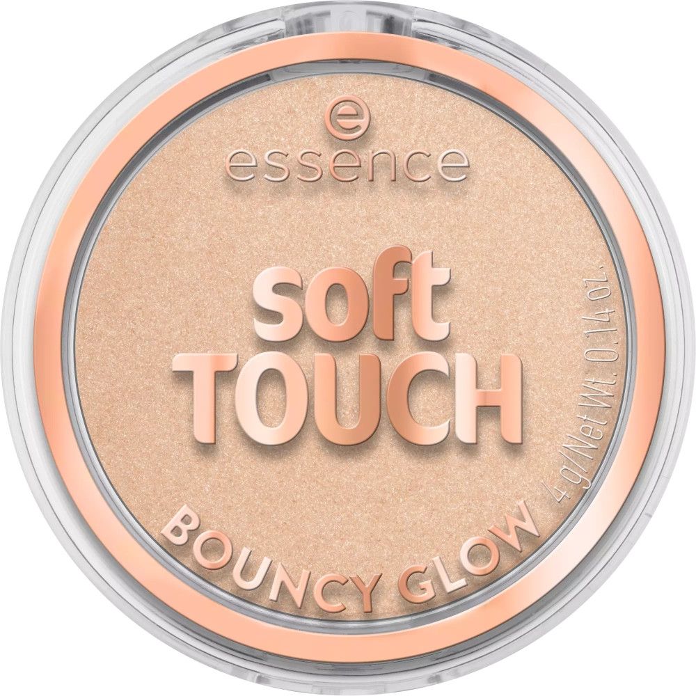 Runder Highlighter-Tiegel mit roségoldfarbenem Rand. Text: Soft Touch Bouncy Glow. Marke: Essence.