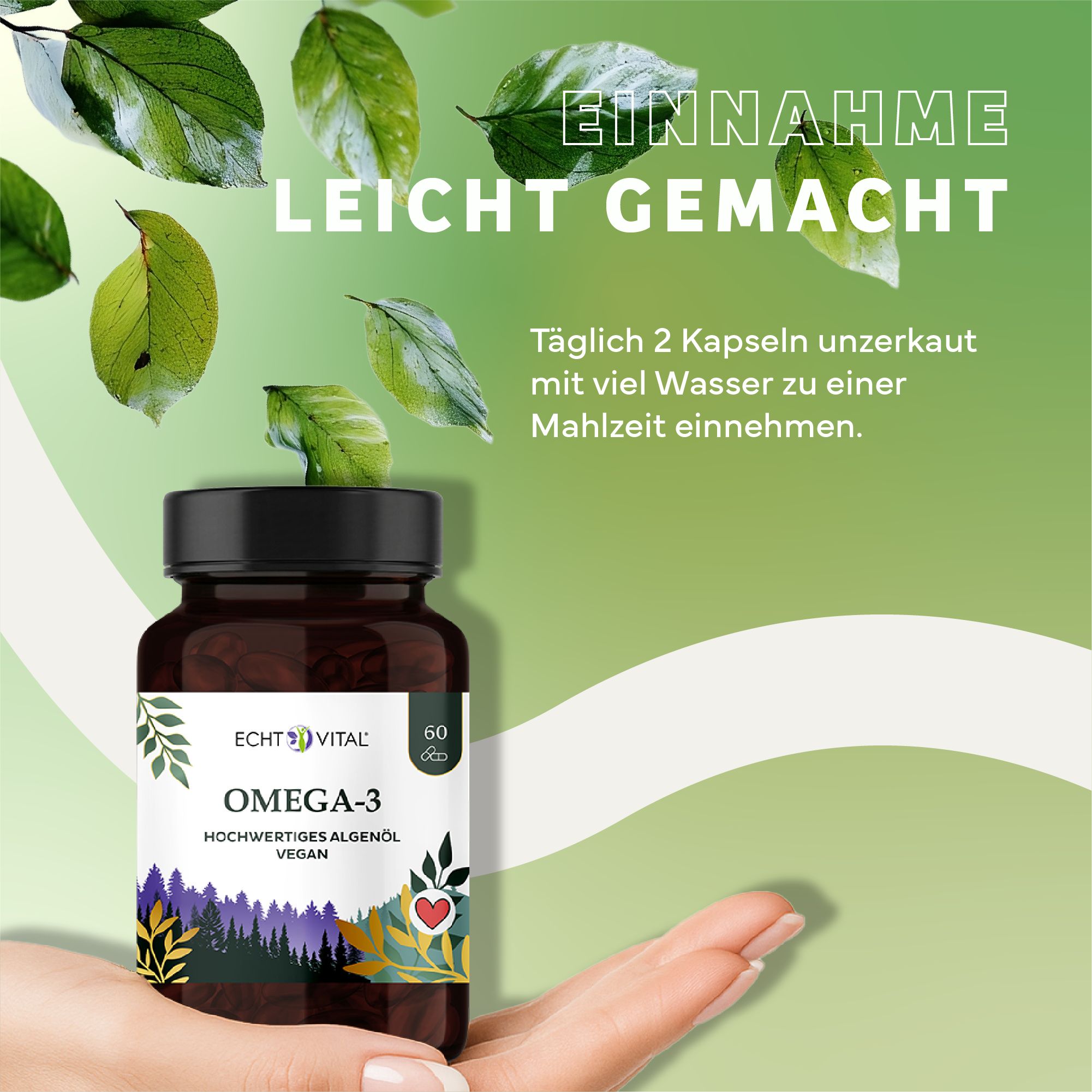 Braune Flasche mit schwarzem Deckel. Aufschrift: Echt Vital Omega-3 vegan. 60 Kapseln. Hand hält Flasche. Grüne Blätter im Hintergrund.
