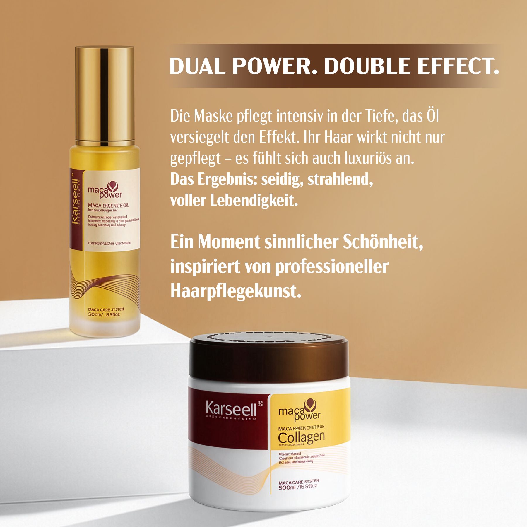 Zwei Karseell-Produkte: Maca Essenz Öl und Maca Collagen Haarmaske. Ölflasche und Maskenbehälter mit gelben und braunen Akzenten.