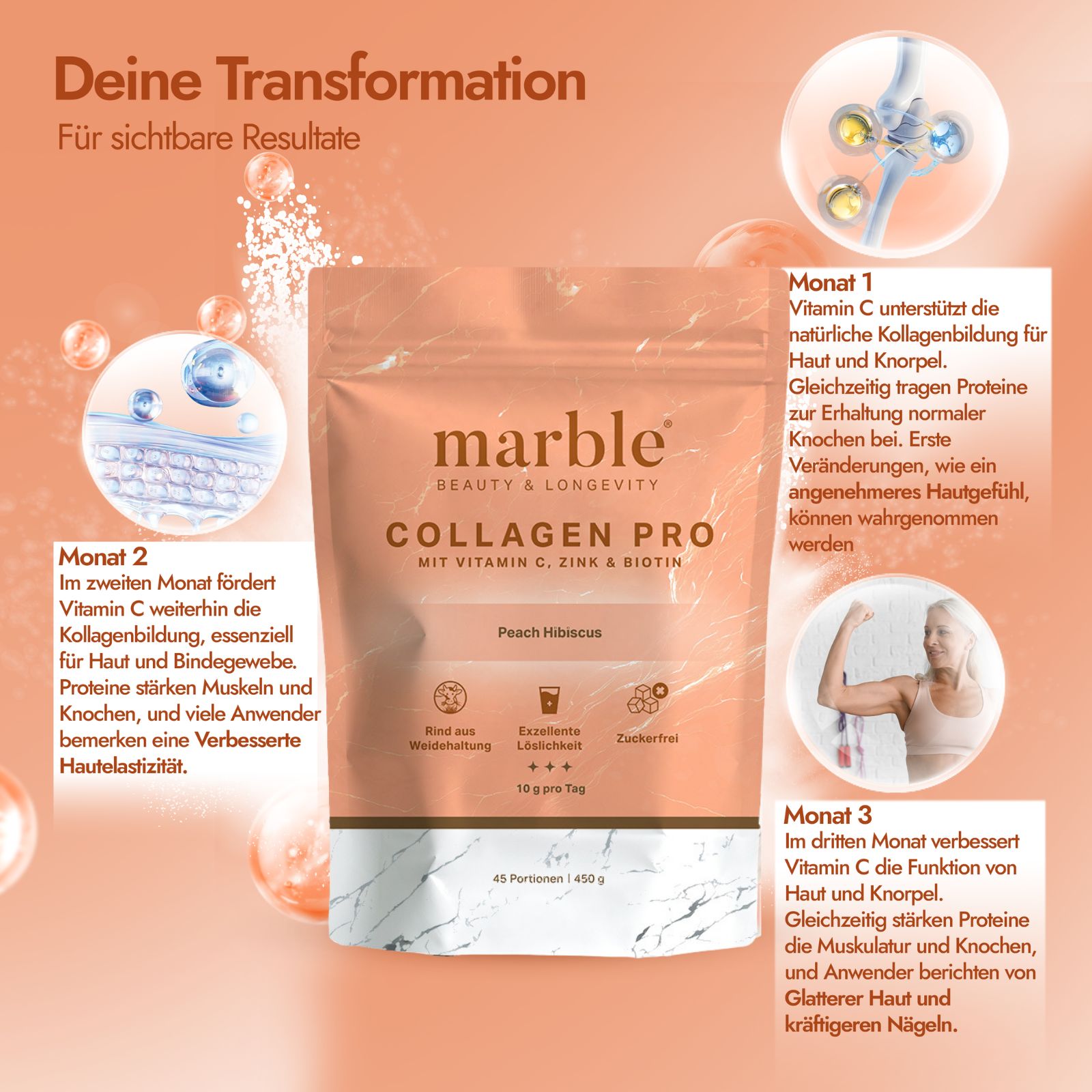 marble Collagen Pro – Peach Hibiscus 450g | Reines Weidekollagen mit Vitamin C, Zink & Biotin