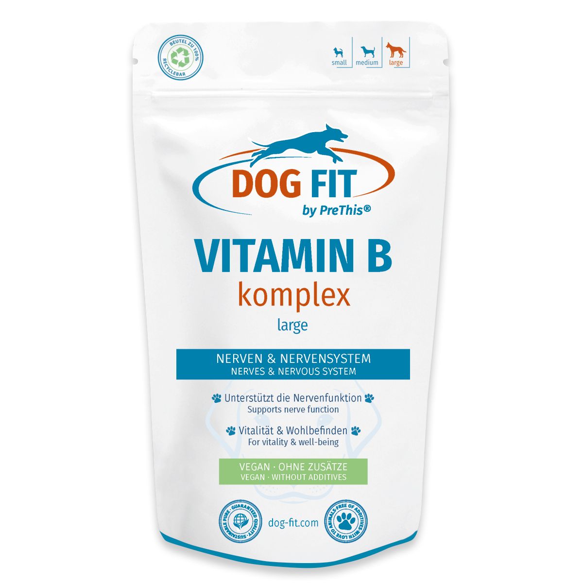 Produktverpackung DOG FIT by PreThis® VITAMIN B komplex large. Text: Nerven & Nervensystem. Vegan-Siegel. Logo.