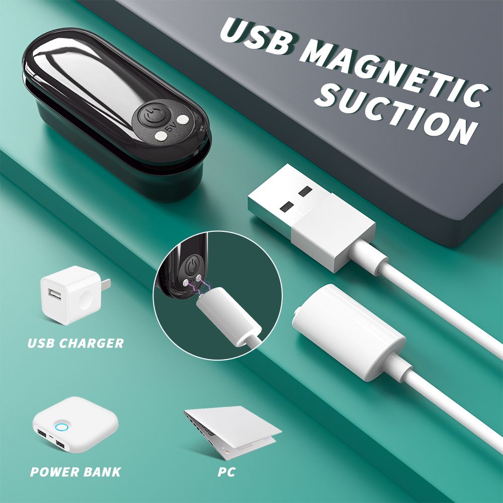 Zubehör: USB-Ladegerät, Powerbank, PC, Kabel. Schwarzes Produkt mit USB-Anschluss.