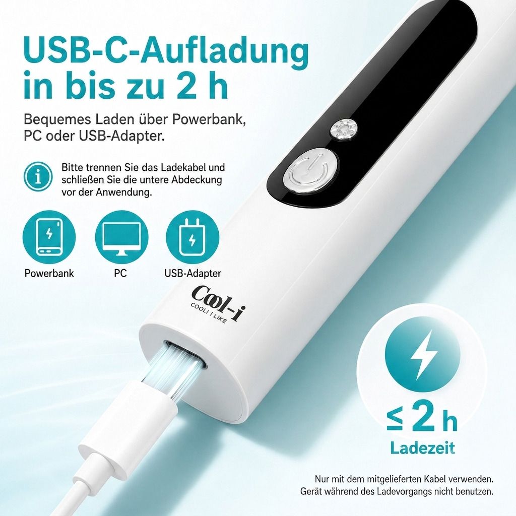 Laden des COOL-i Zahnpolierers über USB-C in bis zu 2 Stunden, kompatibel mit Powerbank, PC.