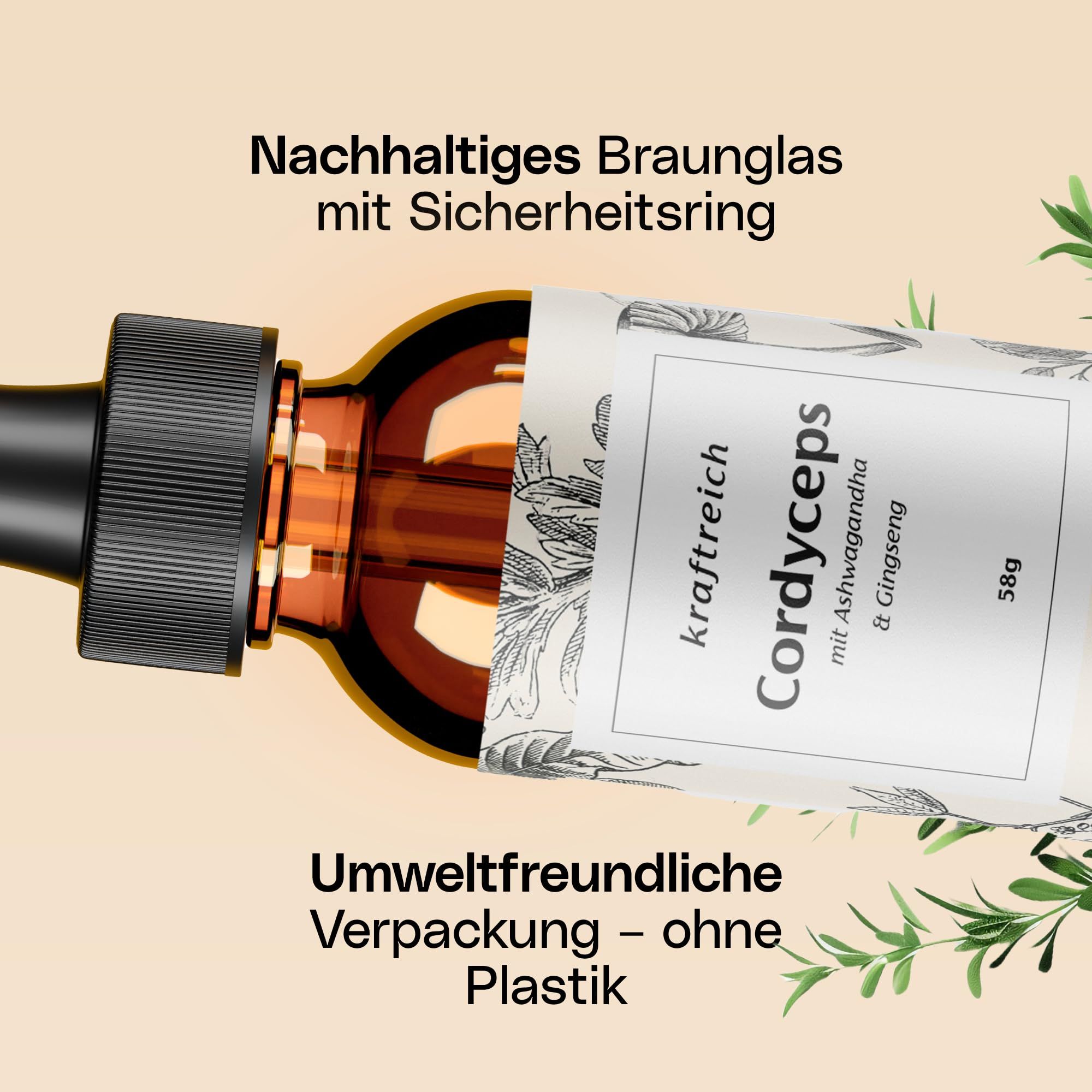 kraftreich® Cordyceps Tropfen mit Ashwaghanda, Gingseng, Honig & Essig