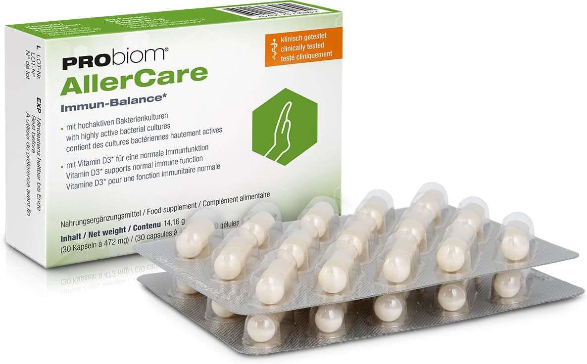 Probiom AllerCare-Packung und Kapseln. Text: Immun-Balance. Mit hochaktiven Bakterienkulturen.