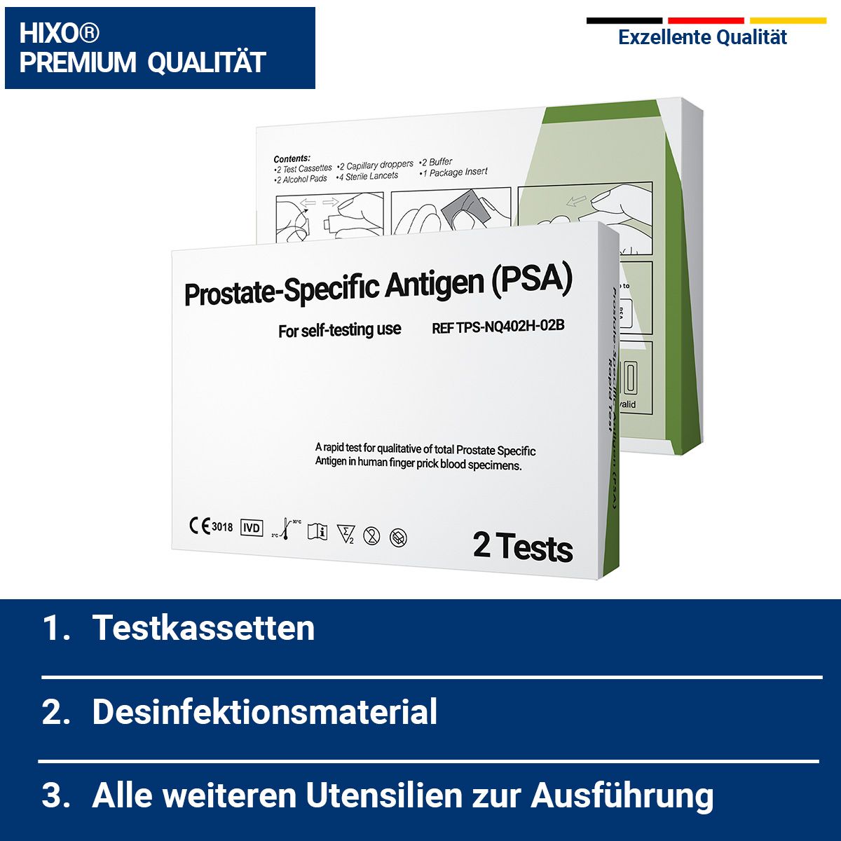 Packung mit PSA-Test. Text: Prostate-Specific Antigen (PSA). Enthält Testkassetten, Desinfektionsmaterial und weiteres Zubehör.