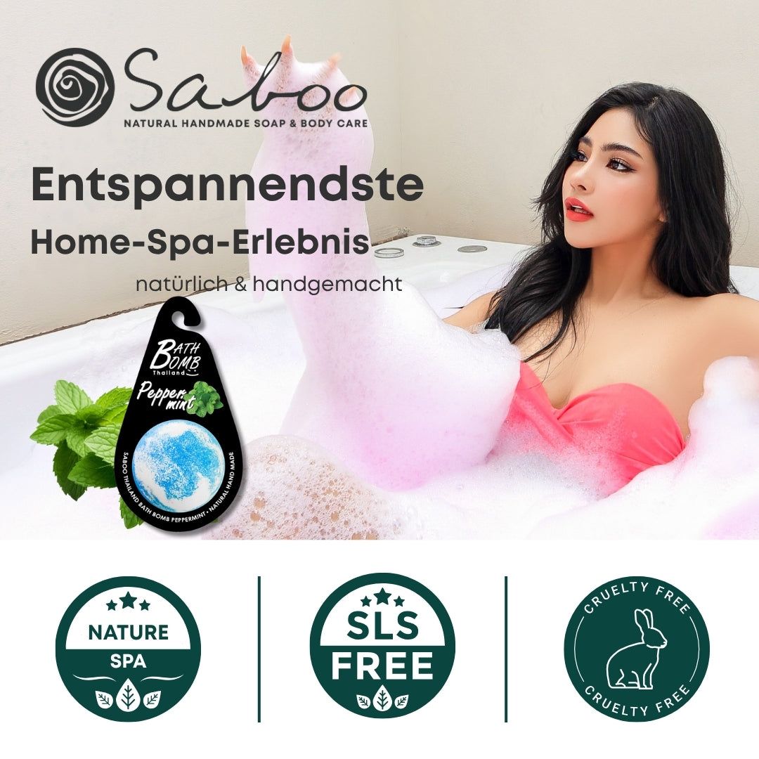 Frau in Badewanne mit Schaum. Logo und Produktetikett. Natur-Spa, SLS-frei, tierversuchsfrei.