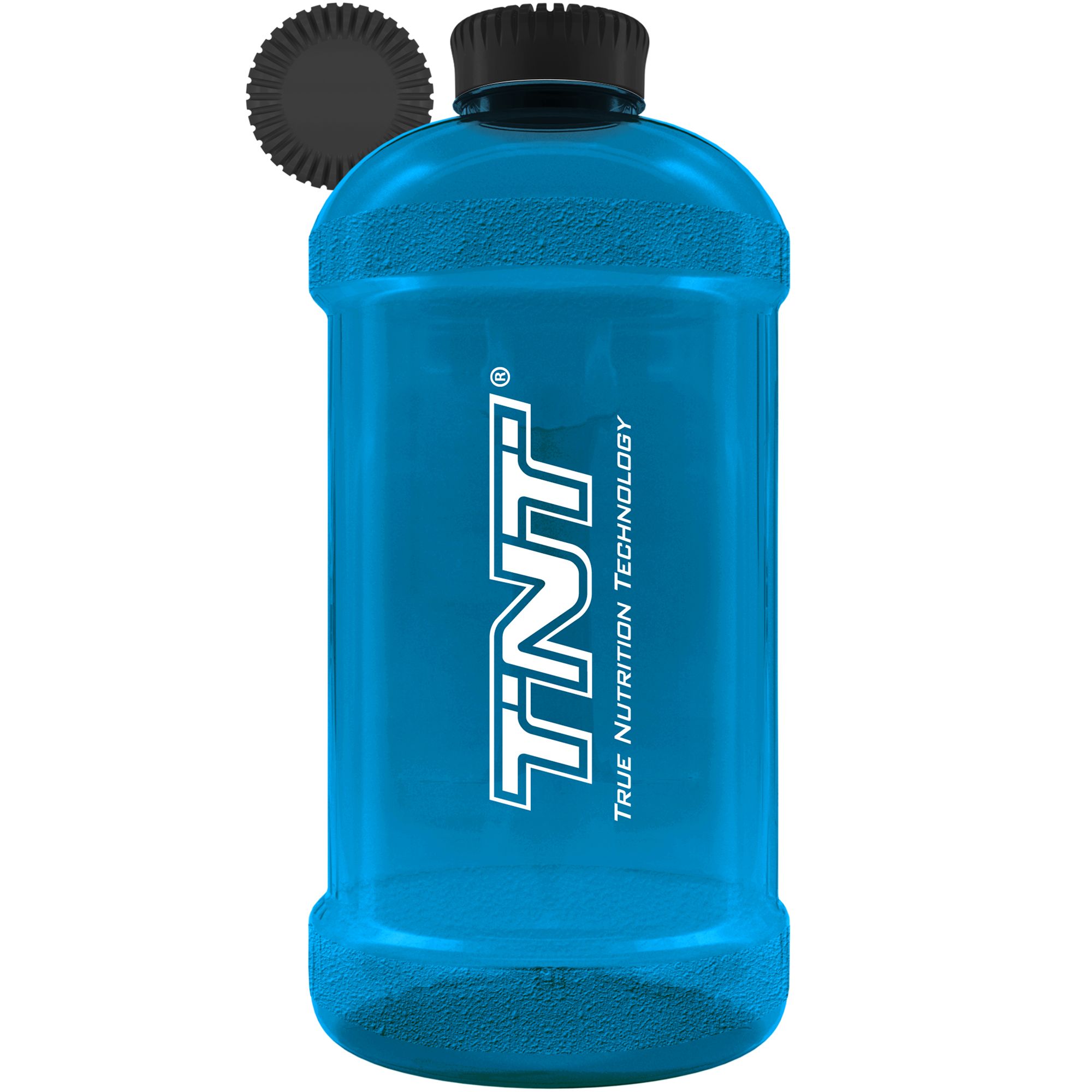 Blaue Trinkflasche mit schwarzem Deckel und Griff. Aufschrift TNT, True Nutrition Technology.