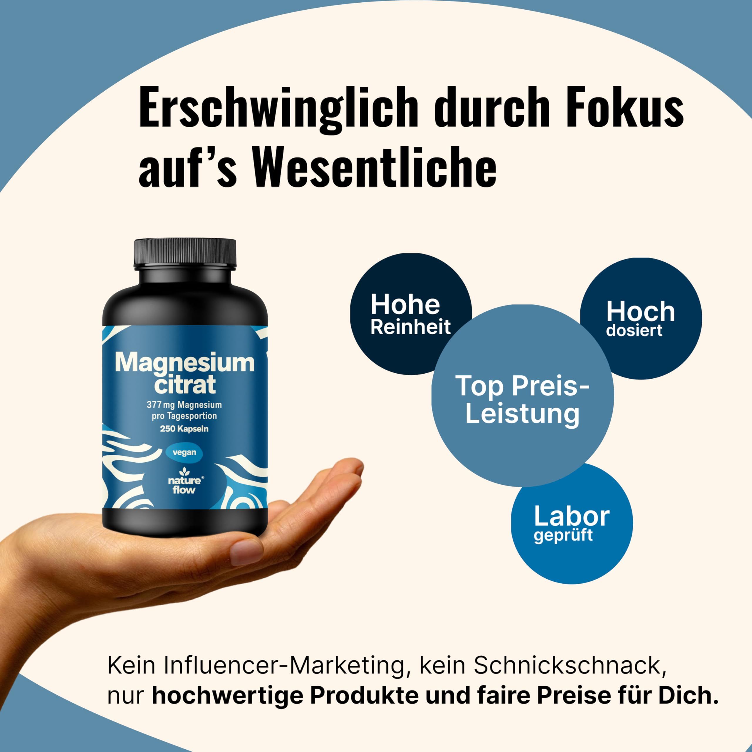 Hand hält Flasche. Text: Hohe Reinheit, Top Preis-Leistung, hoch dosiert, Labor geprüft. Text: Erschwinglich durch Fokus aufs Wesentliche.
