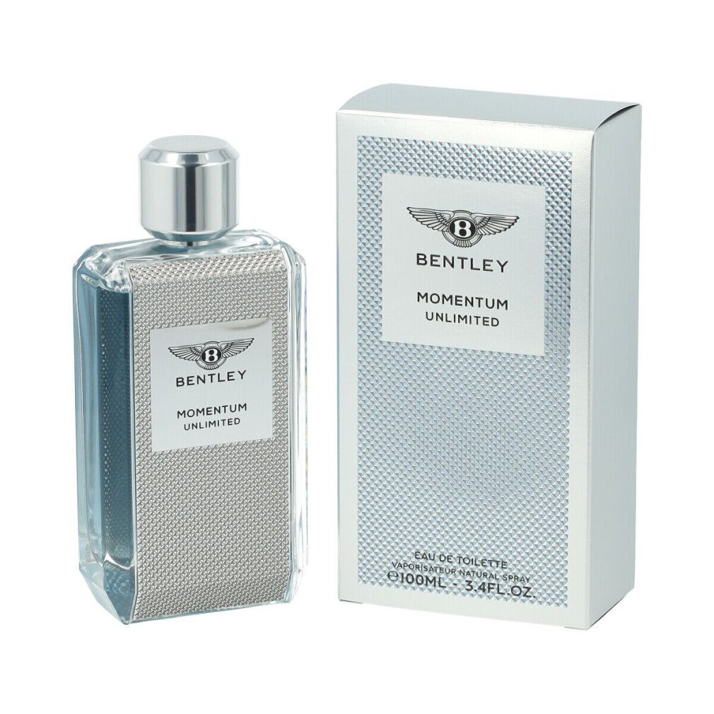 Bentley Momentum Unlimited Eau de Toilette Spray. Flakon und Verpackung. Silberfarbenes Design mit Logo und Schriftzug.