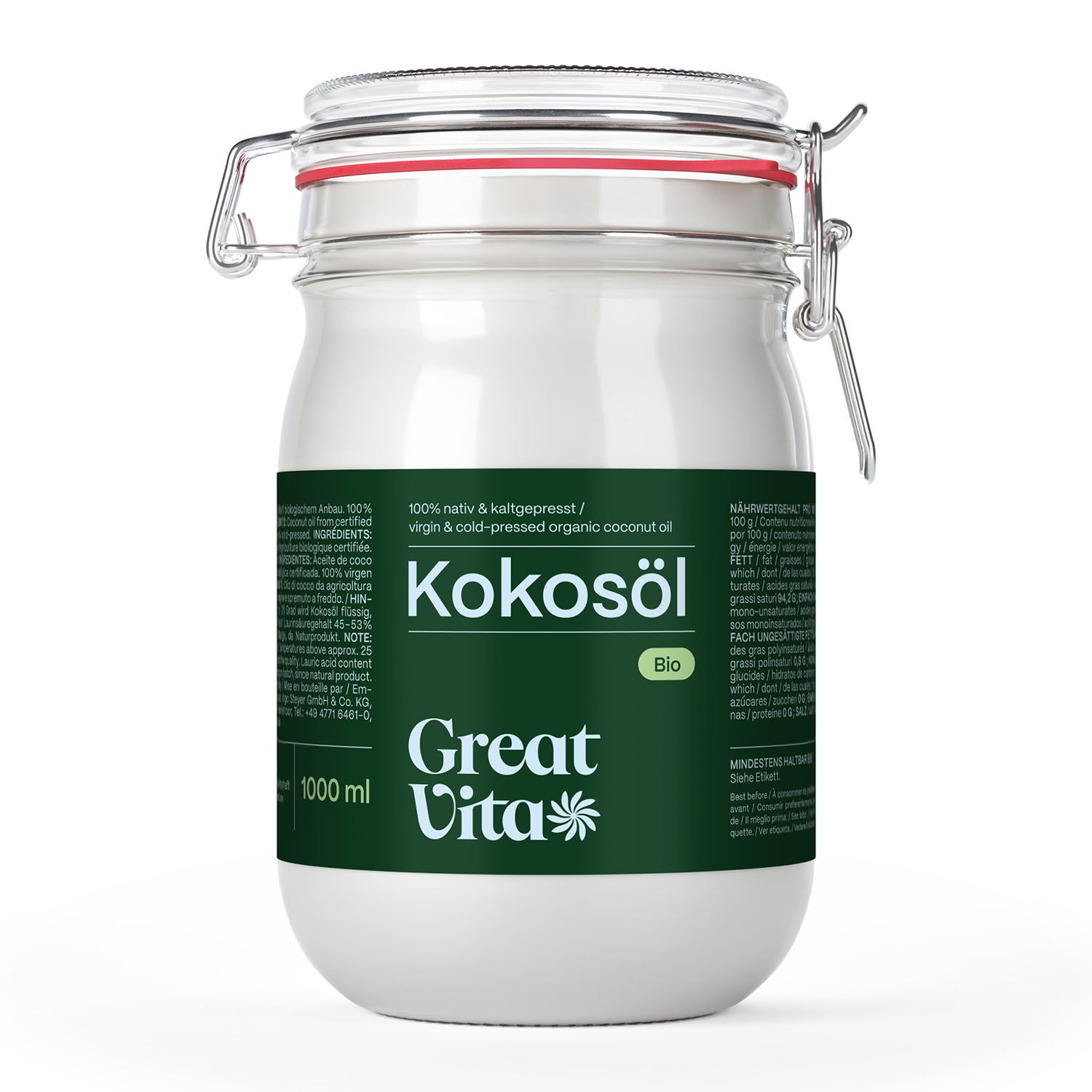 Ein Glas GreatVita Kokosöl mit Deckel und Verschluss. Etikett mit Produktinformationen. 1000 ml.