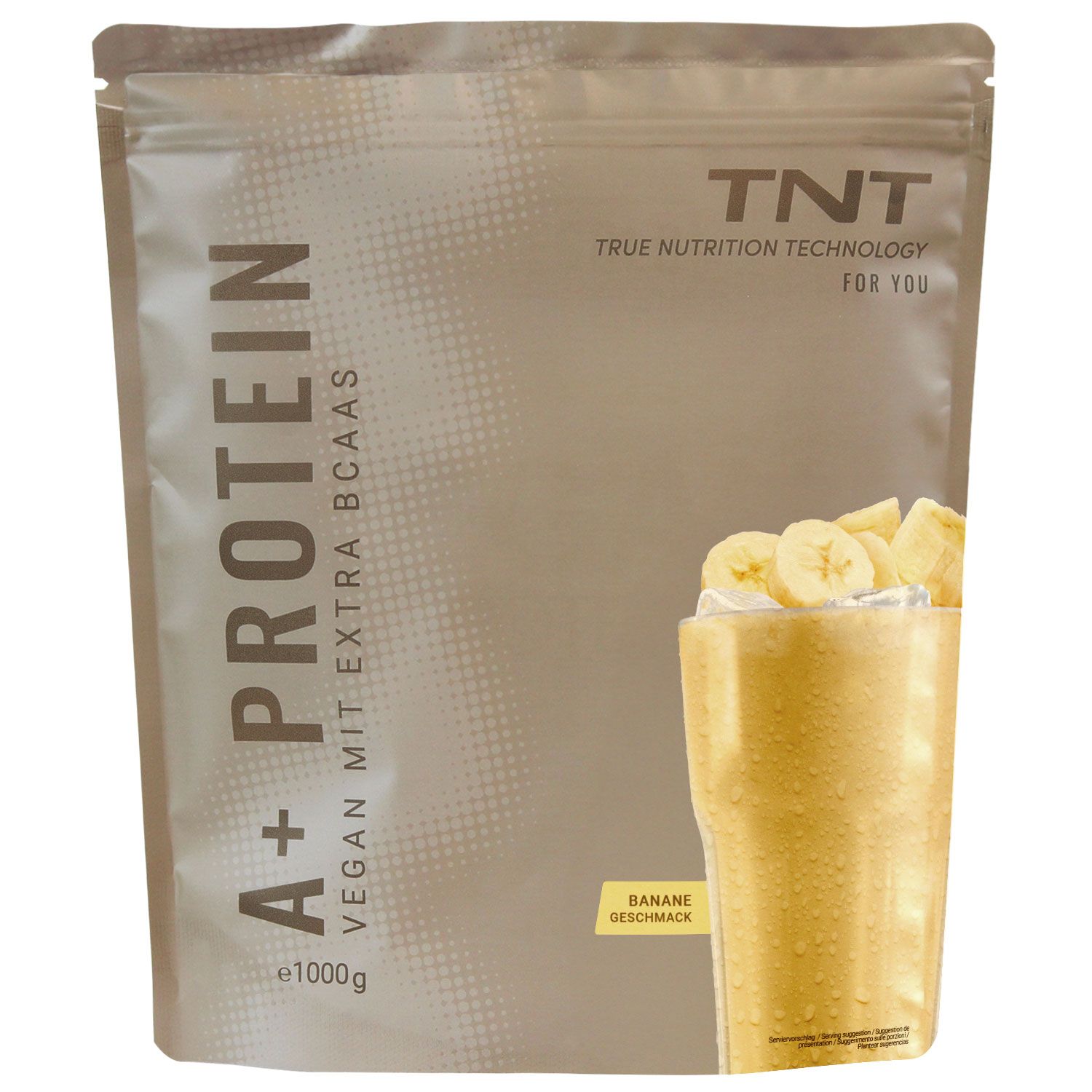 Beutel TNT A+ Protein, vegan mit Extra BCAAs. Abgebildet ist ein Glas mit Bananengeschmack und ein Shake.