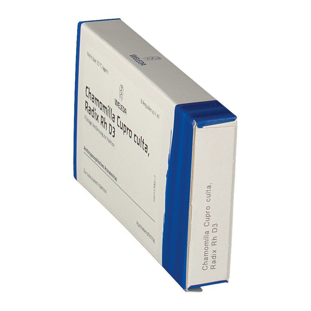 Weleda-Verpackung, blaue und weiße Schachtel. Produktname und Logo sichtbar. Enthält 8 Ampullen. Text in deutscher Sprache.