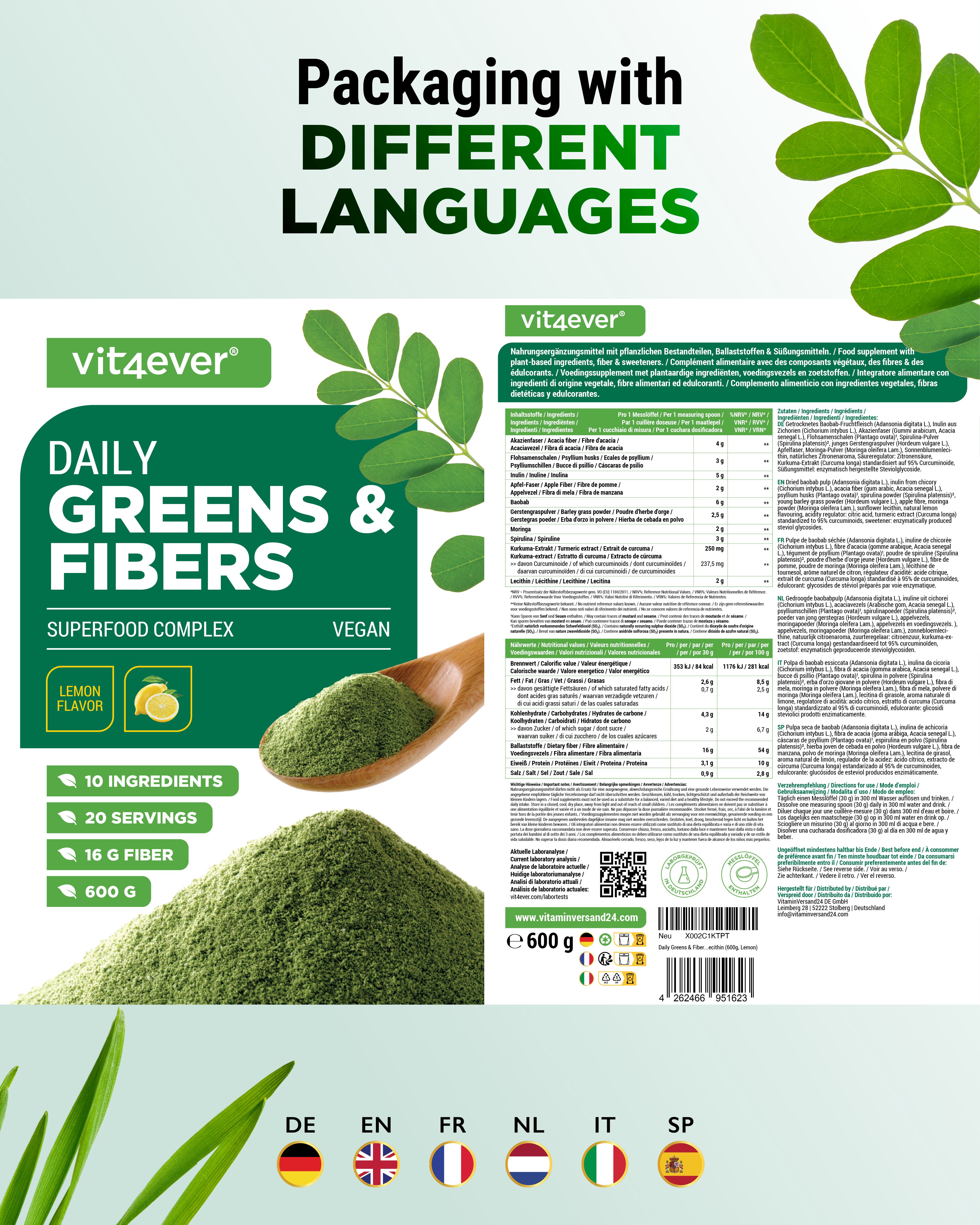 Produktverpackung mit Text in verschiedenen Sprachen. Daily Greens & Fibers, Superfood Complex, Vegan. Nährwertangaben, Zutatenliste.