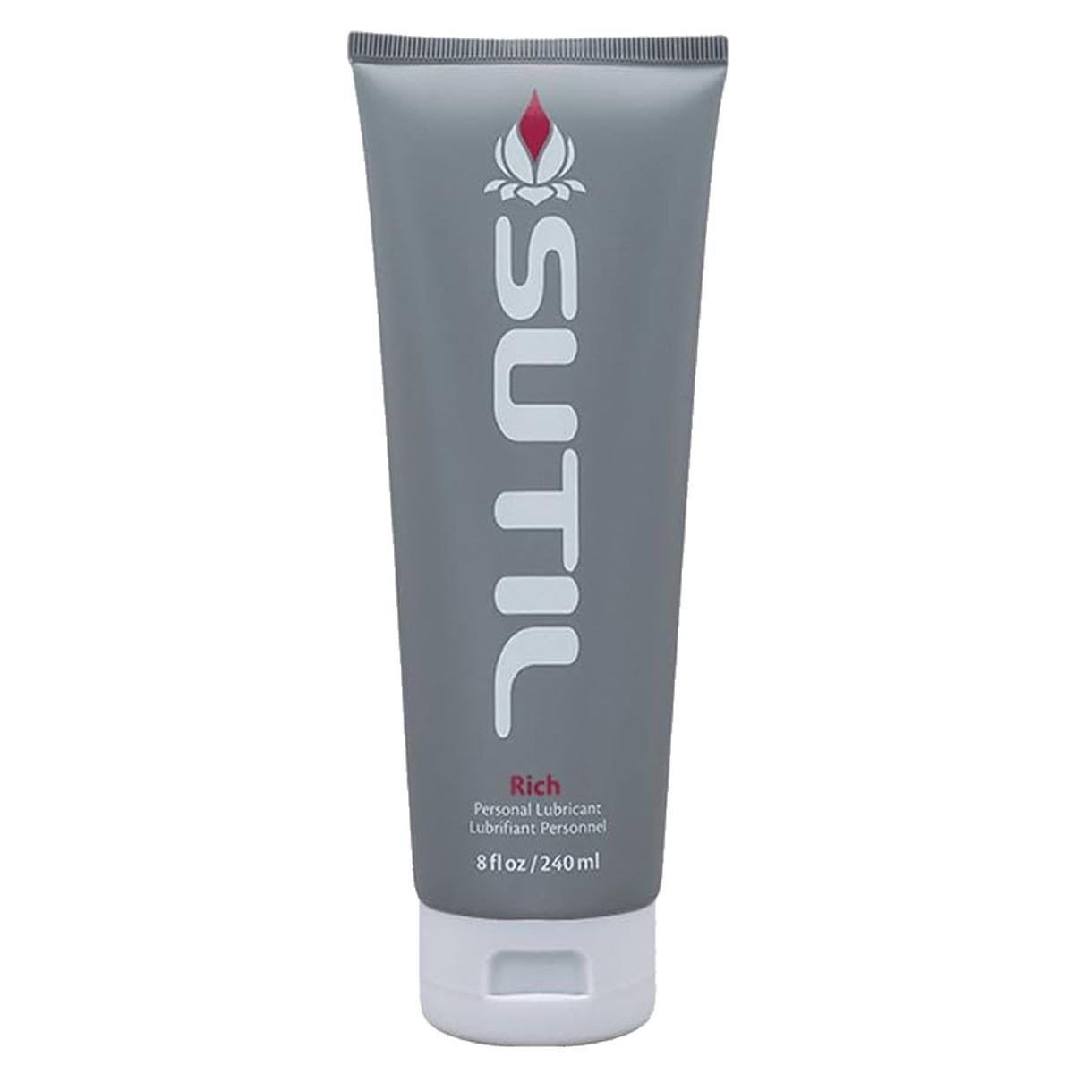 Graue Tube mit weißem "SUTIL"-Schriftzug und rotem Logo. "Rich" und "Personal Lubricant" darunter. 8 fl oz/240 ml.